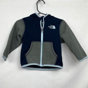 The North Face blue and gray hooded fleece full zip jacket size 6-12 months EUC